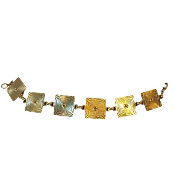 Vintage Goldtone Geometric Tile Bracelet White & Reddish Brown Tiles 7" x .5" - Picture 4 of 6